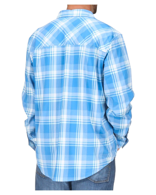Simms Outpost LS Shirt Pacific Plaid Model Back Simms Outpost LS Shirt Pacific Plaid Model Back